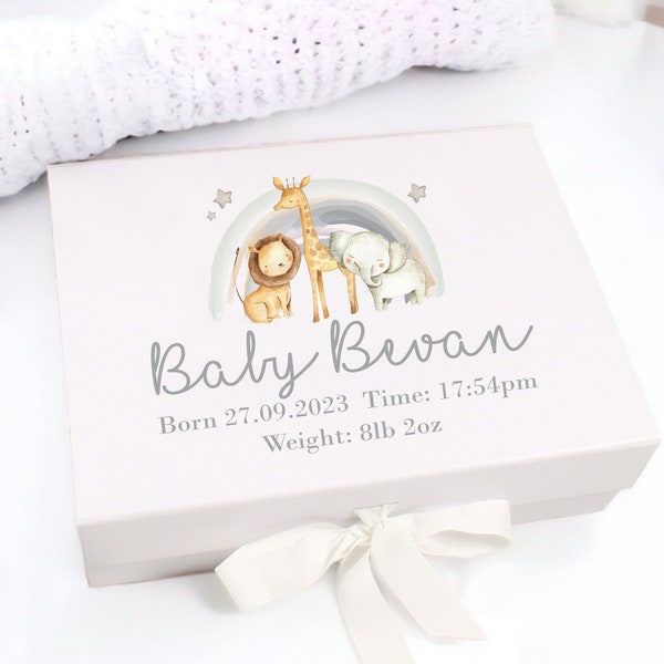Personalised Jungle Rainbow Baby New Baby Gift Box | Baby Shower Gift l Keepsake l Memory Box | Baby Girl | Baby Boy | Unisex Baby Elephant