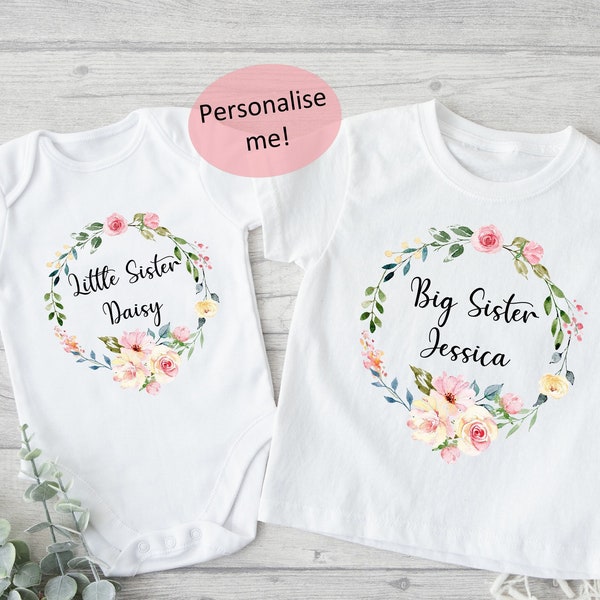 Personalised Big/Little Sister Floral Vest or T-shirt | Date | Promoted To | New Sister | Bigger Sister | Little Sister | Baby Announcement