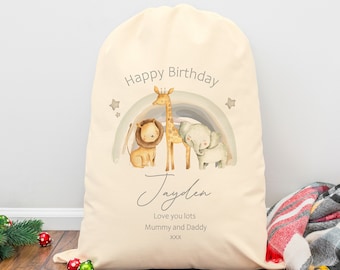 Personalised Happy Birthday Safari Rainbow Gift Bag | Gift Sack | Birthday Boy Girl Unisex | Gift Wrap Present Bag Children Kids First Bday