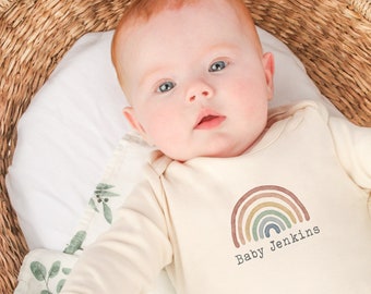 Personalised Little Rainbow Beige Babygrow with optional Headband, Hat, Blanket| Sleepsuit Unisex Newborn Baby Gift New Baby Girl Boy