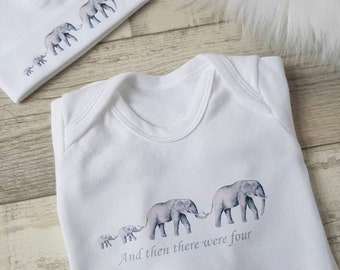 Personalised Elephant Family Babygrow and then there were 4, New Baby Gift, Vest, Sleepsuit, Baby Shower Gift, Pregnancy Announcement,