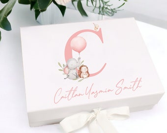 Personalised Pink Initial Baby New Baby Gift Box | Baby Shower Gift l Keepsake l Memory Box | Baby Girl | Baby Boy | Unisex Baby Elephant