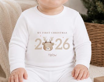 Personalised My First Christmas Pyjamas for Boys or Girls | Festive Bear Reindeer Design Xmas 2026 | 100% Cotton PJs Baby Toddler Pajamas