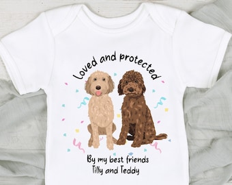 Personalizado amado y protegido por perros 140 tipos de perros (Babygrow Sleepsuit Vest Body / New Baby Boy Gift / Gift / New Baby / Dog Owner)