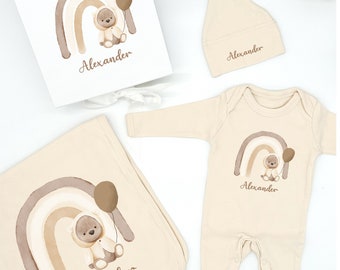 Personalisierter Creme Regenbogen Bären Geschenkset Baby-Jungen Kleidung Geschenk-Set (Babygrow Hut Decke Geschenkbox) Nach Hause kommen Geschenk Babyparty