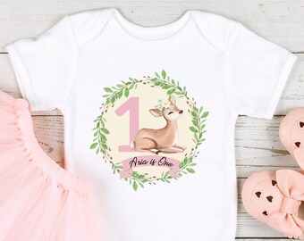 Pink Deer Wreath 1st Birthday Baby Vest Outfit (First Birthday Photo Gift | Little Sister Girl Bodysuit Present | One Today Personalised)
