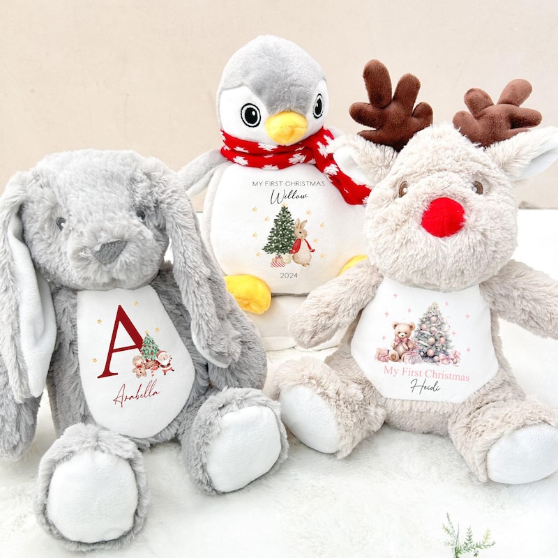 Christmas Multiple Design 2024 Teddy Personalised Soft Toy | Penguin Reindeer Plush (Xmas Gift Girl Boy | First Christmas Gift Grandkids)