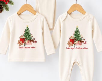 Personalised Matching Sibling Christmas Pyjamas or Baby Sleepsuit  Christmas Wishes Festive Hot Chocolate Tree Gingergread Baby Kids Toddler