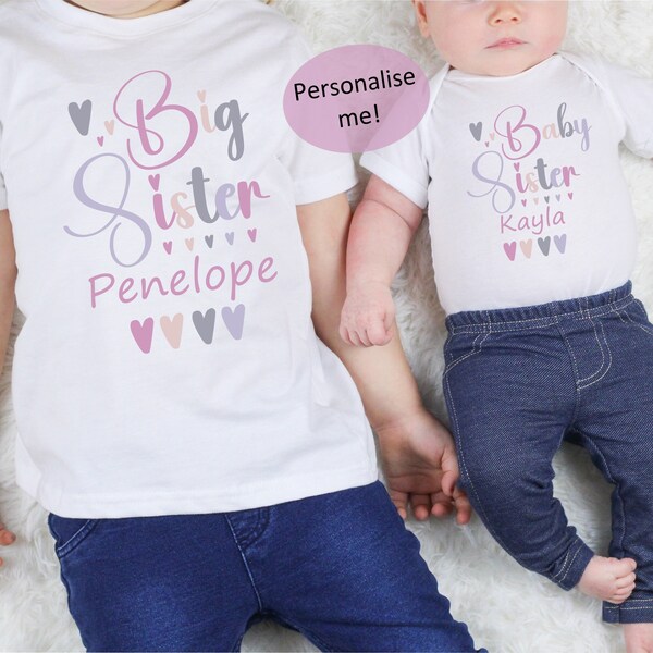 Personalised Big Sister Pink Hearts Black or White T-shirt | Date | Promoted To | New Sister | Bigger Sister | Little Sister | Announcement