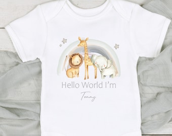 Personalised Hello World Jungle Rainbow Babygrow/Vest (Sleepsuit | New Baby Unisex Boy Girl Neutral Gift | Coming Home Outfit | Newborn)
