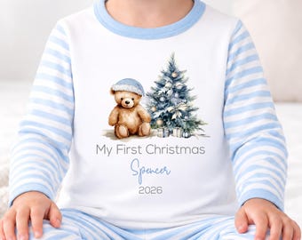 My First Christmas or Merry Christmas Boys Pyjamas | Blue Teddy Bear Festive Tree Design 2026 | Xmas Eve Pjs