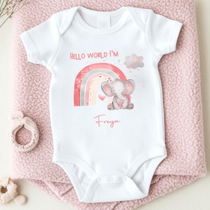 Hello World Pink Girl Elephant Personalised (Babygrow Sleepsuit Vest Bodysuit |  New Baby Girl Gift | Coming Home Hospital Gift)