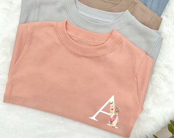 Personalised Pink Rabbit Initital Cotton T-shirt | Peach | Blue | Brown | Grey | Kid's T-shirt | Personalised Outfit | Girl's Outfit