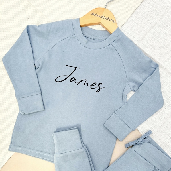 Script Name Lightweight Cotton Tracksuit | Peach Blue Brown Sand| Baby Girl Toddler Girls Outfit Leggings Trousers Personalised T-shirt Kids