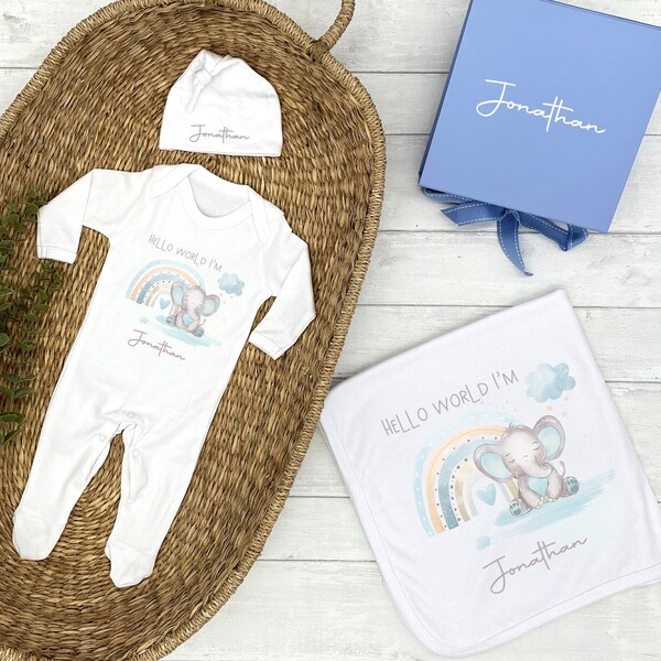 Personalizado Hola Mundo Elefante Azul Nuevo Bebé Niño Ropa Conjunto de Regalo (Babygrow / Sombrero / Manta / Caja de Regalo) Regreso a Casa Padre Presente