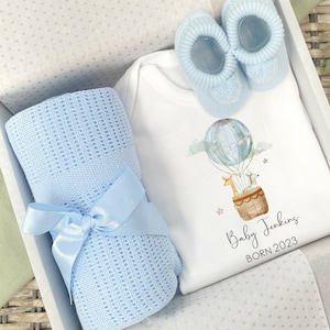 Personalised New Baby Boy Hotair Balloon Gift Hamper Set | Blue Baby Blanket Booties Baby Vest Bodysuit | Newborn Baby Shower Gift Present
