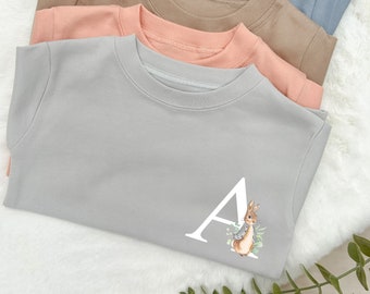 Personalised Grey Rabbit Initital Cotton T-shirt | Peach | Blue | Brown | Grey | Kid's T-shirt | Personalised Outfit | Unisex Outfit