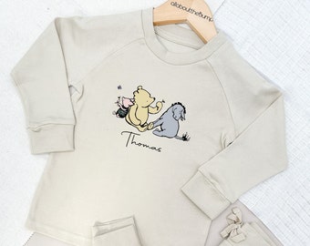 Winnie Pooh Chándal de algodón ligero / Melocotón Azul Marrón Arena Bebé niña Niño Niñas Traje Leggings Pantalones Camiseta personalizada Niños