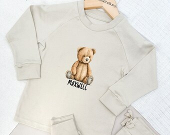 Teddybär Leichter Baumwoll-Trainingsanzug | Pfirsich blau braun Sand Baby Mädchen Kleinkind Mädchen Outfit Leggings Hose personalisierte T-Shirt Kinder