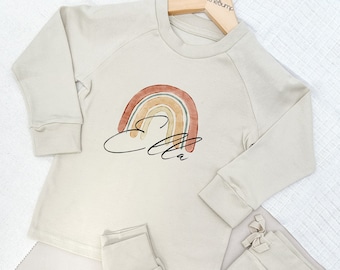 Rainbow Name Lightweight Cotton Tracksuit | Peach Blue Brown Sand Baby Girl Toddler Girls Outfit Leggings Trousers Personalised T-shirt Kids