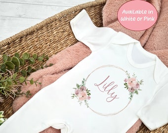 Personalised Dusky Pink Gold Ring Baby Outfit (Babygrow Sleepsuit Vest Bodysuit |  New Baby Girl Gift | Coming Home Hospital Gift)