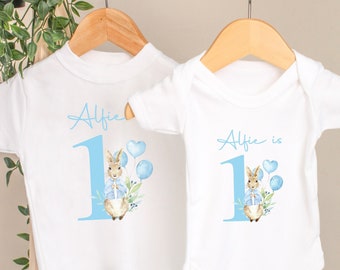 Personalised 1st Birthday Blue Rabbit Baby Vest Birthday Number Outfit (Baby Vest T-Shirt Bodysuit | First Boys One Today | v2