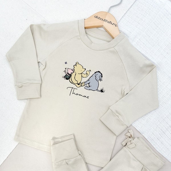 Survêtement en coton léger Winnie l'ourson | Pêche bleu marron sable bébé fille bambin fille tenue leggings pantalon t-shirt personnalisé enfants