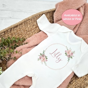 Traje personalizado de bebé con anillo de oro rosa oscuro body de chaleco de traje de dormir de babygrow / regalo de nueva niña / regalo de regreso a casa del hospital Babygrow: White