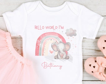 Personalised Hello World Pink Girl Elephant (Babygrow Sleepsuit Vest Bodysuit |  New Baby Girl Gift | Coming Home Hospital Gift)