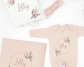 Personalised Dusky Gold Ring Hamper New Baby Girl Clothing Gift Set (Babygrow | Hat | Blanket | Gift Box)  Coming Home Present Baby Shower