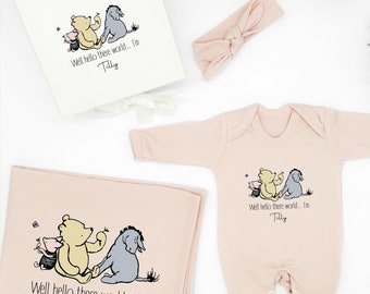 Personalised Hello Winnie The Pooh Bear Pink Hamper New Baby Girl Clothing Gift Set| Gift Box Coming Home Present Baby Shower
