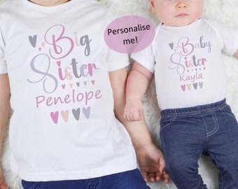 Personalised Big Sister Pink Hearts Black or White T-shirt | Date | Promoted To | New Sister | Bigger Sister | Little Sister | Announcement