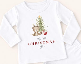 Personalised Unisex Christmas Pyjamas | Festive Teddy Bear Tree 2026 Design | Boys Girls Kids Toddler Baby 100% Cotton PJs UK Made Pajamas