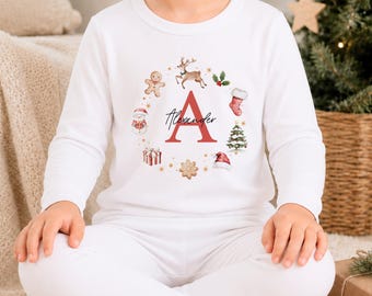 Christmas Pyjamas Personalised Boys Girls | Festive Graphic Wreath with Name Initial | Kids Toddler Infant Xmas Children 100% Cotton PJs