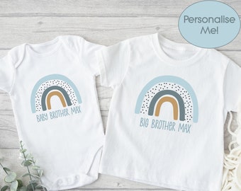 Matching Sibling Personalised Blue Rainbow Tops (Vest | Babygrow | T-Shirt) New Big Brother | Baby Brother | Little Brother | Boy Boys