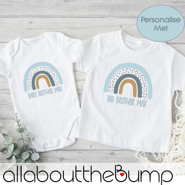 Matching Sibling Personalised Blue Rainbow Tops (Vest | Babygrow | T-Shirt) New Big Brother | Baby Brother | Little Brother | Boy Boys