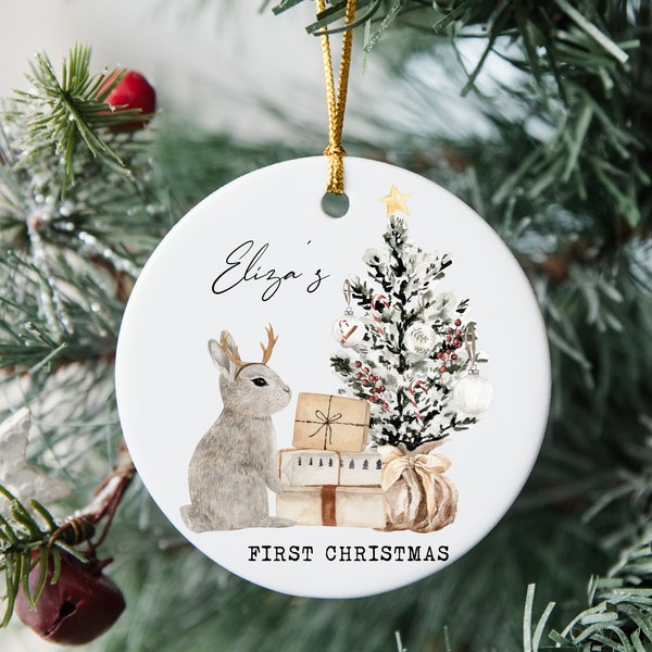 Décoration d'arbre en forme de lapin gris My First Christmas personnalisée en acrylique transparent l Boîte souvenir souvenir 1er Noël l Ma première décoration