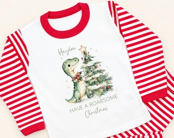 Personalised Boys Christmas Pyjamas | Have a Roarsome Christmas Festive Dinosaur Theme | Kids Toddler Infant Xmas Eve 100% Cotton PJs Pajama