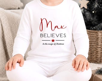 Personalised Christmas Pyjamas | Name Believes in the Magic of Christmas | Toddler Infant Child Xmas Eve 100% Cotton PJs Pajamas Red White