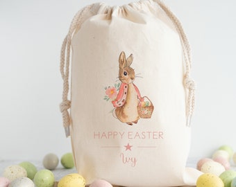 Personalised Happy Easter Pink Rabbit | Easter Bag | Treat Bag | Snacks | Easter Egg Hunt Trail Bag Basket Bucket | Children |Boy Girl Bunny