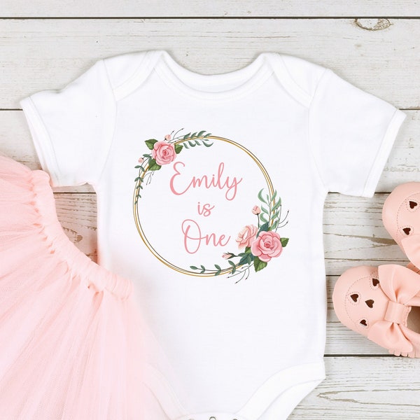 Personalised Pink Floral Ring Birthday Girl Baby Vest or T-Shirt - Any Name | Any Age (I am One 1, I am Two 2, I am Three 3, I am Four 4...)