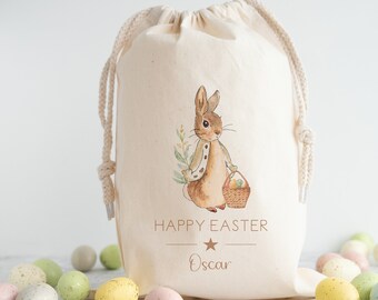 Personalised Happy Easter Beige Rabbit | Easter Bag | Treat Bag | Snacks | Easter Egg Hunt Trail Bag Basket Bucket | Children Boy Girl Bunny