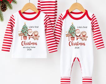 Personalised Matching Sibling Christmas Pyjamas or Baby Sleepsuit | Festive Santa Gingerbread Tree | My First Christmas or Merry Xmas