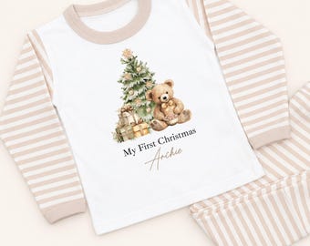 Personalised Christmas Pyjamas Unisex | Beige Teddy Bear Festive Tree Design | Beige/ White/ Stripe Pajamas Xmas Eve 100% Cotton PJs