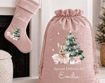 Personalised Christmas Stocking or Santa Sack | Baby's First Christmas Presents Keepsake Sibling Matching Filler Xmas Merry | Woodland