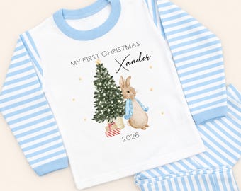 Personalised First Christmas/Merry Christmas Boys Pyjamas | Blue Stripe with Blue Festive Bunny Rabbit for Xmas