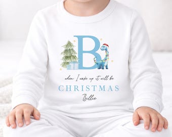 Personalised Boys Christmas Pyjamas | When I Wake Up It's Xmas Festive Dinosaur Initial | Kids Toddler Xmas Eve Children 100% Cotton PJs