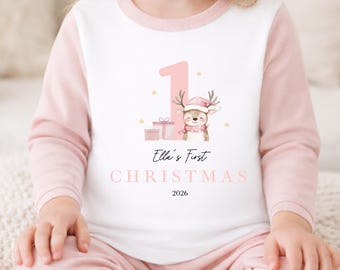 Personalised Girls My First Christmas Pyjamas 2026 | Festive 1st Xmas Reindeer Pink Design | Baby Toddler Kids 100% Cotton PJs [Made in UK]