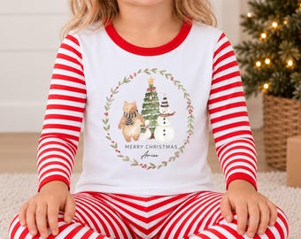 Personalised Christmas Pyjamas | Festive Wreath Teddy Snowman Xmas Tree | Toddler Child 100% Cotton PJs Red Stripe or White [Made in UIK]
