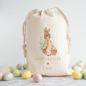 Personalised Happy Easter Beige Rabbit | Easter Bag | Treat Bag | Snacks | Easter Egg Hunt Trail Bag Basket Bucket | Children Boy Girl Bunny
